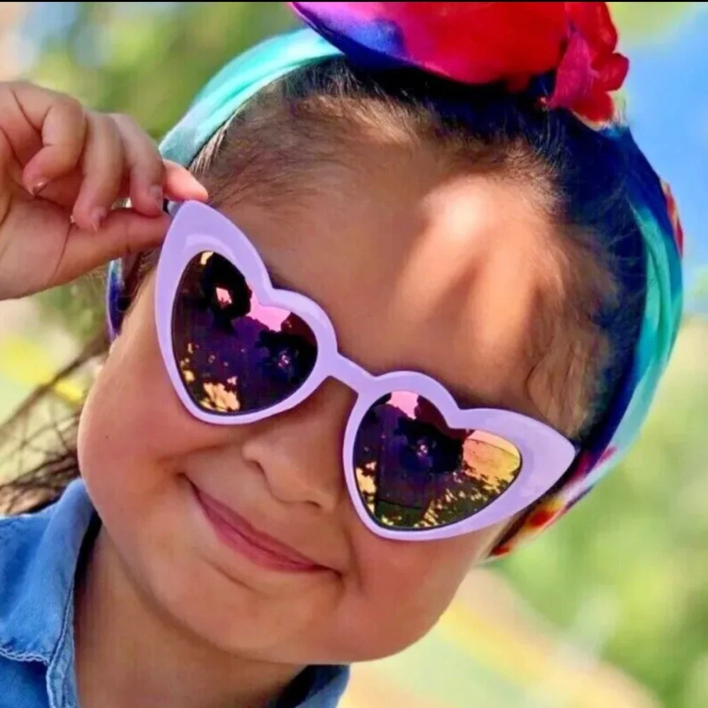 Girls Heart Shape Sunglasses with Pink White Checker Pattern - Ado…